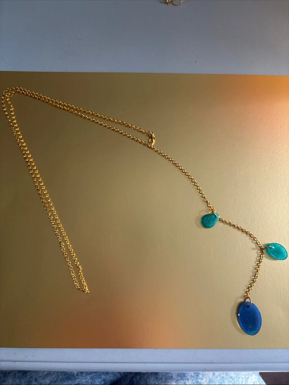 Emmy’s Creations Hand Crafted Gold Chain Necklace with Blue and Teal Glass Drops - Picture 1 of 4